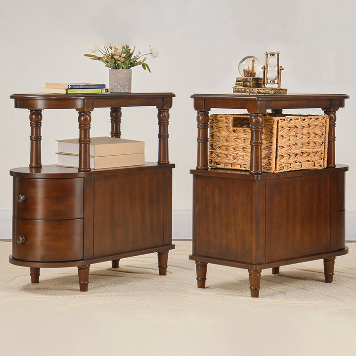 Traditional Vintage Rubberwood &amp; Plywood Rounded-Edge Side Table Storage Rack 2 Drawers For Living Room