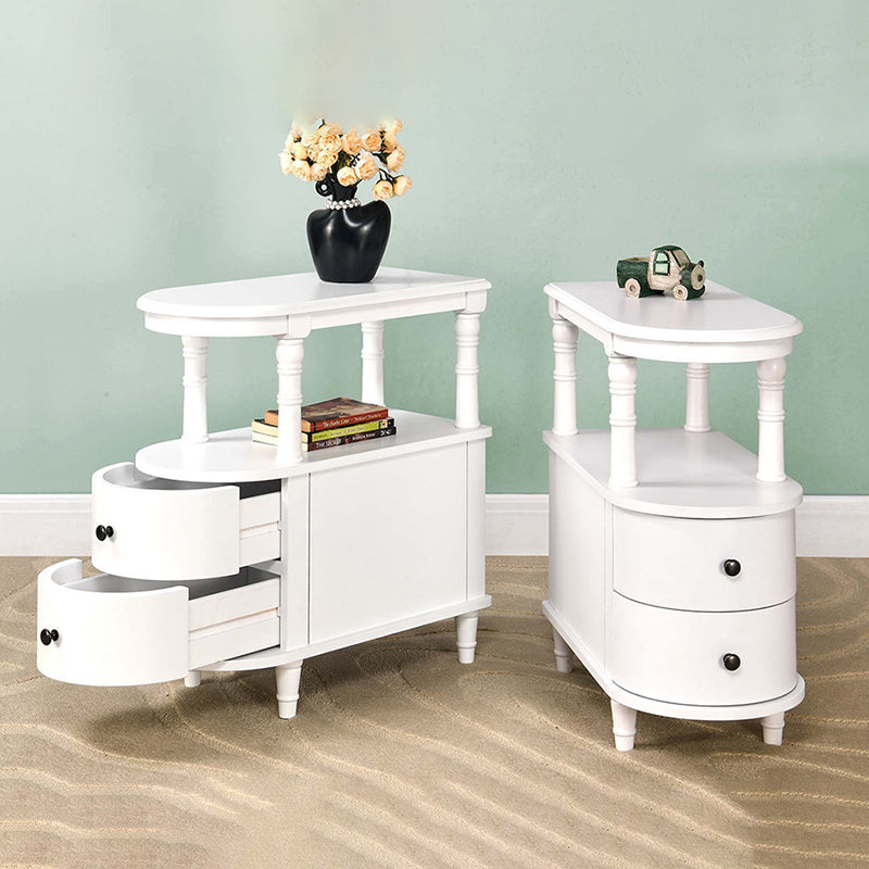 Traditional Vintage Rubberwood &amp; Plywood Rounded-Edge Side Table Storage Rack 2 Drawers For Living Room