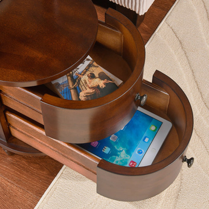 Traditional Vintage Rubberwood &amp; Plywood Rounded-Edge Side Table Storage Rack 2 Drawers For Living Room