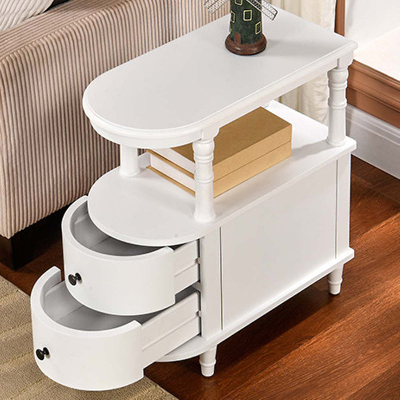Traditional Vintage Rubberwood &amp; Plywood Rounded-Edge Side Table Storage Rack 2 Drawers For Living Room