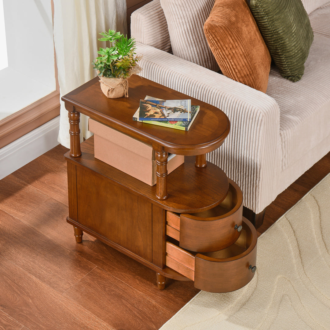 Traditional Vintage Rubberwood &amp; Plywood Rounded-Edge Side Table Storage Rack 2 Drawers For Living Room