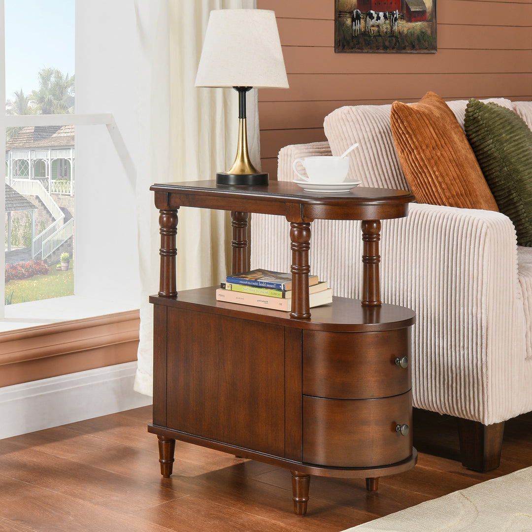 Traditional Vintage Rubberwood &amp; Plywood Rounded-Edge Side Table Storage Rack 2 Drawers For Living Room