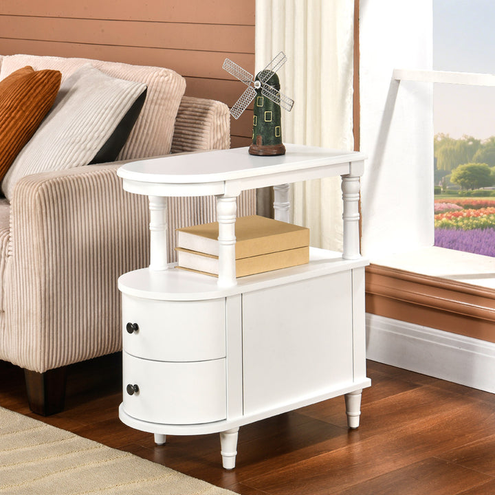 Traditional Vintage Rubberwood &amp; Plywood Rounded-Edge Side Table Storage Rack 2 Drawers For Living Room