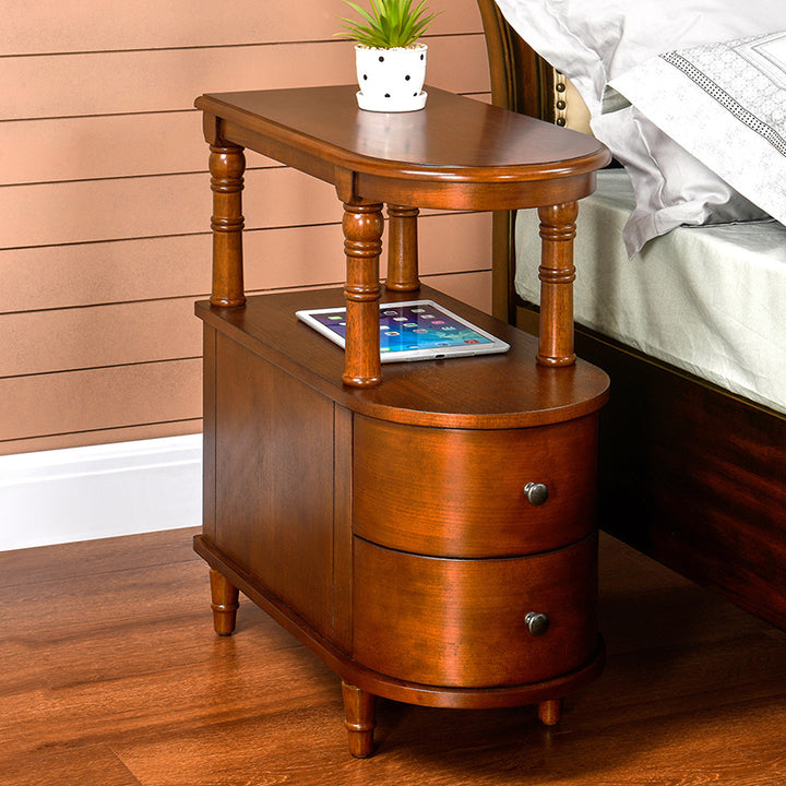 Traditional Vintage Rubberwood &amp; Plywood Rounded-Edge Side Table Storage Rack 2 Drawers For Living Room