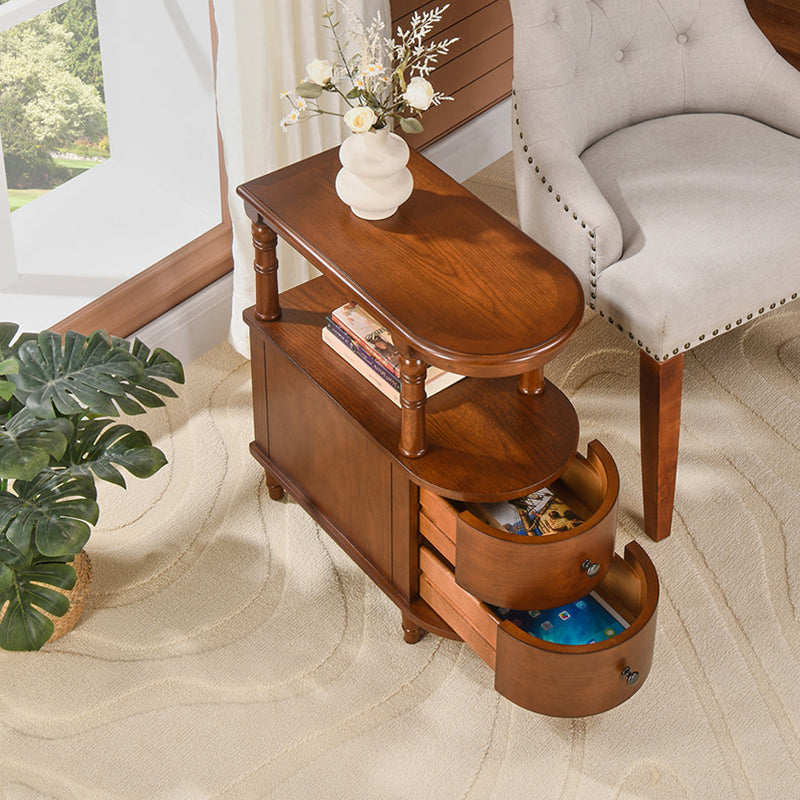 Traditional Vintage Rubberwood &amp; Plywood Rounded-Edge Side Table Storage Rack 2 Drawers For Living Room
