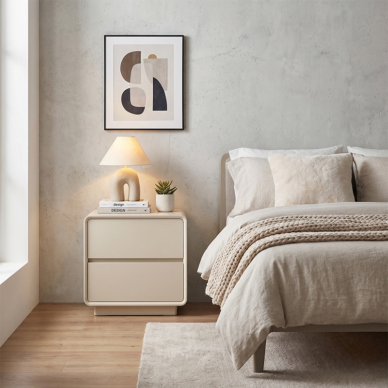 Modern Minimalist MDF Cream White Nightstand 2-Drawer - Rounded Edge Bedside Storage Cabinet With Hidden Handle For Bedroom
