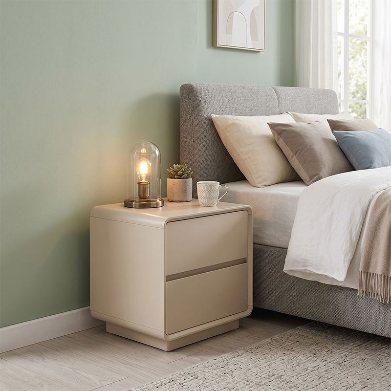 Modern Minimalist MDF Cream White Nightstand 2-Drawer - Rounded Edge Bedside Storage Cabinet With Hidden Handle For Bedroom