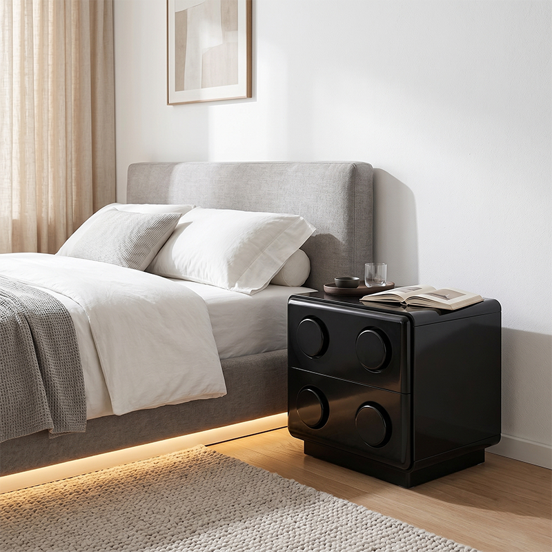 Contemporary Creative MDF Nightstand - Block-Inspired 2-Drawer Bedside Storage Cabinet With Rounded Edges &amp; Built-in Knob Handles For Bedroom