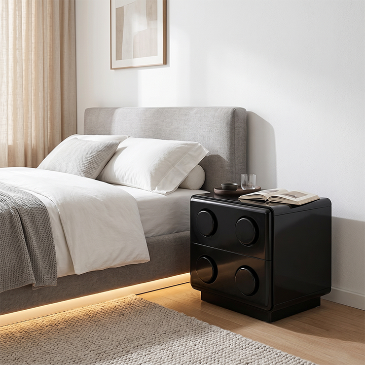 Contemporary Creative MDF Nightstand - Block-Inspired 2-Drawer Bedside Storage Cabinet With Rounded Edges & Built-in Knob Handles For Bedroom