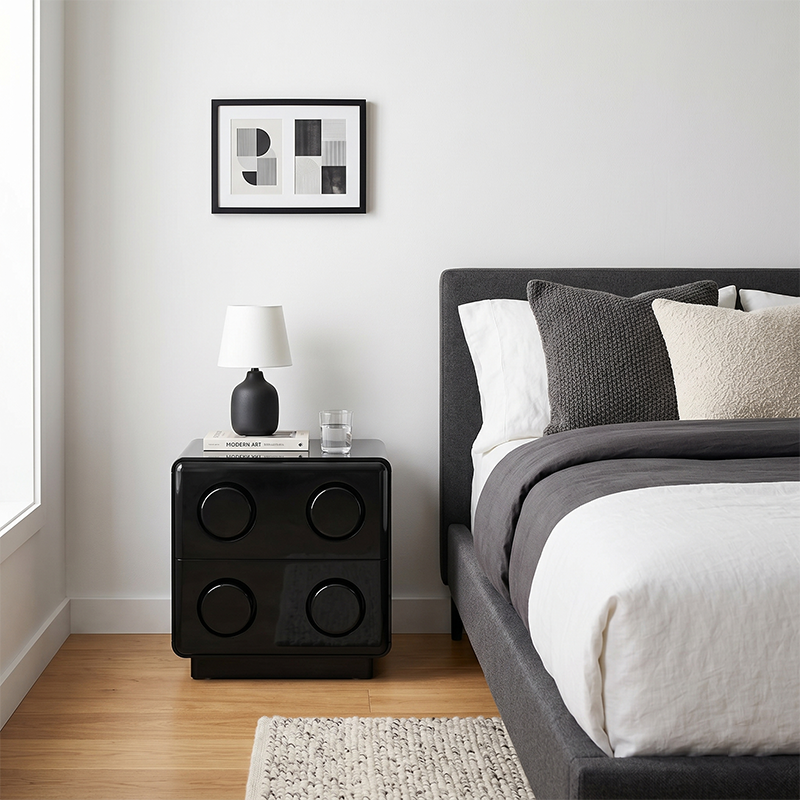 Contemporary Creative MDF Nightstand - Block-Inspired 2-Drawer Bedside Storage Cabinet With Rounded Edges &amp; Built-in Knob Handles For Bedroom