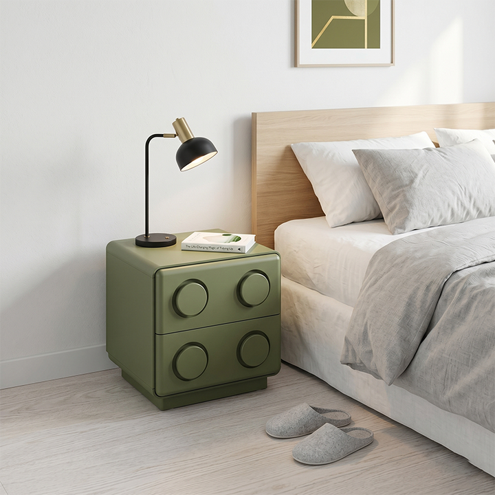 Contemporary Creative MDF Nightstand - Block-Inspired 2-Drawer Bedside Storage Cabinet With Rounded Edges & Built-in Knob Handles For Bedroom