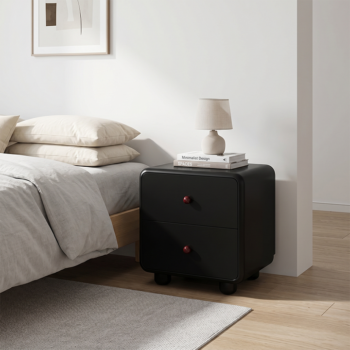 Modern Minimalist MDF Cream Style Nightstand With Dual Round Handles - 2 Drawers Bedside Table With Rounded Corners Storage Cabinet For Bedroom