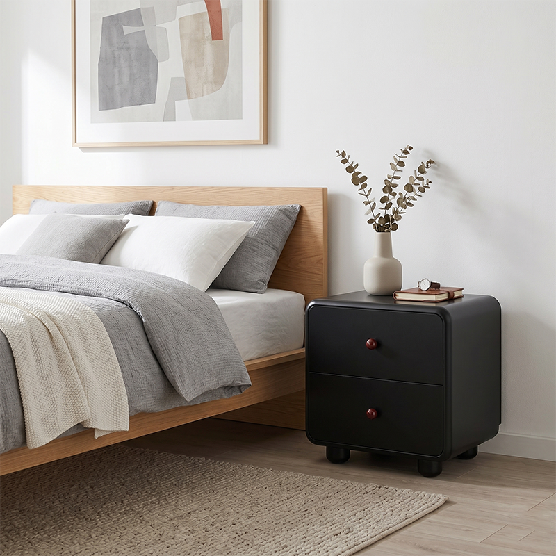 Modern Minimalist MDF Cream Style Nightstand With Dual Round Handles - 2 Drawers Bedside Table With Rounded Corners Storage Cabinet For Bedroom