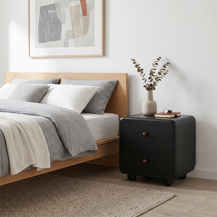Modern Minimalist MDF Cream Style Nightstand With Dual Round Handles - 2 Drawers Bedside Table With Rounded Corners Storage Cabinet For Bedroom