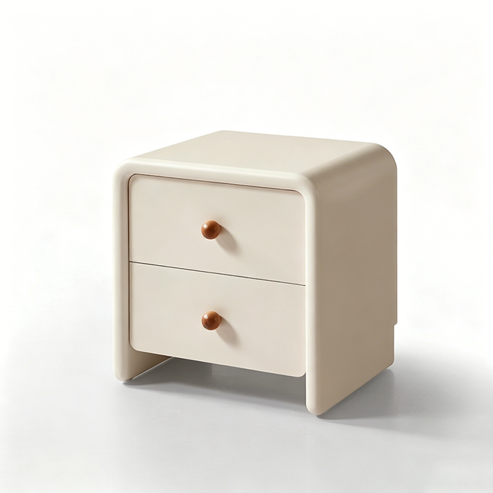 Moderner minimalistischer Nachttisch aus MDF in Creme - Nachttisch mit 2 Schubladen, abgerundeten Ecken &amp; offenem Untergestell als Stauraumschrank fürs Schlafzimmer 
