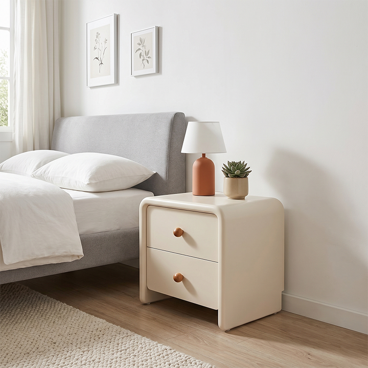 Moderner minimalistischer Nachttisch aus MDF in Creme - Nachttisch mit 2 Schubladen, abgerundeten Ecken &amp; offenem Untergestell als Stauraumschrank fürs Schlafzimmer 
