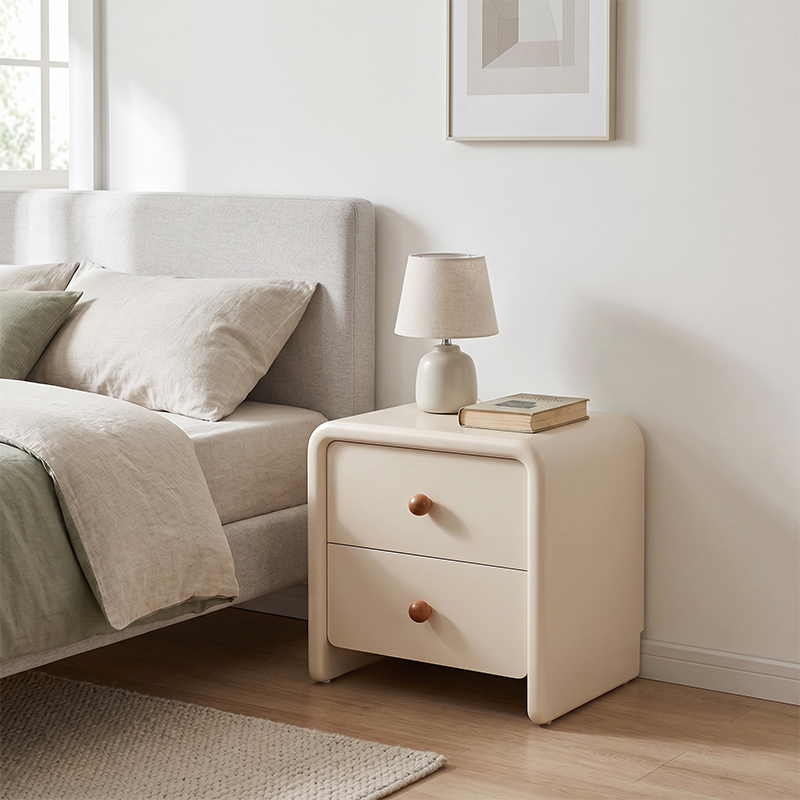 Moderner minimalistischer Nachttisch aus MDF in Creme - Nachttisch mit 2 Schubladen, abgerundeten Ecken &amp; offenem Untergestell als Stauraumschrank fürs Schlafzimmer 
