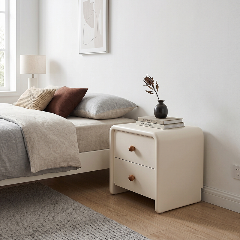 Moderner minimalistischer Nachttisch aus MDF in Creme - Nachttisch mit 2 Schubladen, abgerundeten Ecken &amp; offenem Untergestell als Stauraumschrank fürs Schlafzimmer 