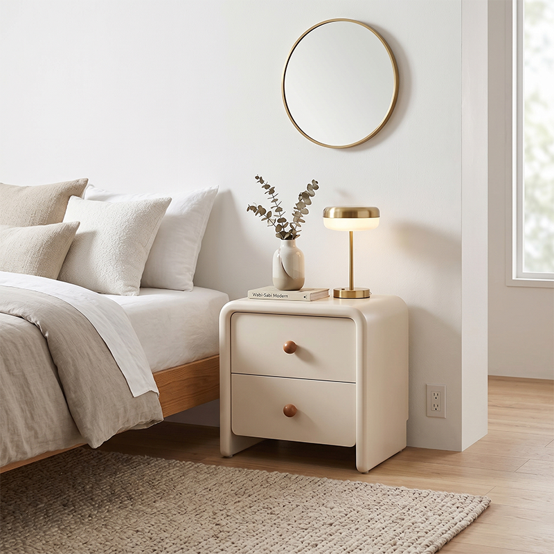 Moderner minimalistischer Nachttisch aus MDF in Creme - Nachttisch mit 2 Schubladen, abgerundeten Ecken &amp; offenem Untergestell als Stauraumschrank fürs Schlafzimmer 