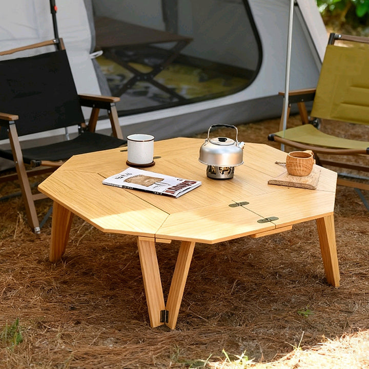 Mesa de centro plegable octagonal de madera maciza y metal, minimalista moderna, portátil para exterior, patio y camping 