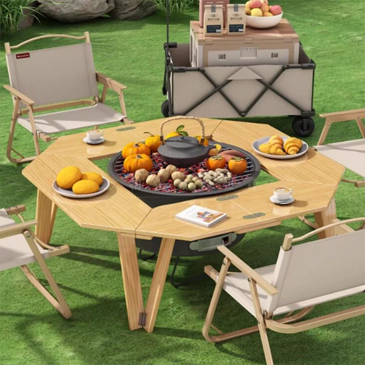 Mesa de centro plegable octagonal de madera maciza y metal, minimalista moderna, portátil para exterior, patio y camping 