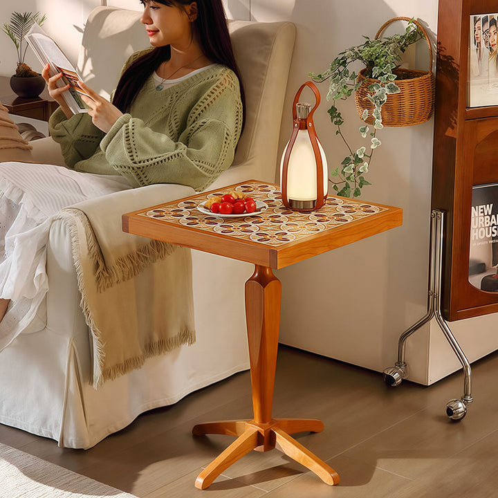 Traditional French Cherry Wood Square Coffee Table With Ceramic Tile Top For Living Room