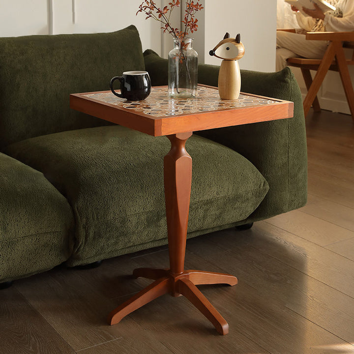 Traditional French Cherry Wood Square Coffee Table With Ceramic Tile Top For Living Room