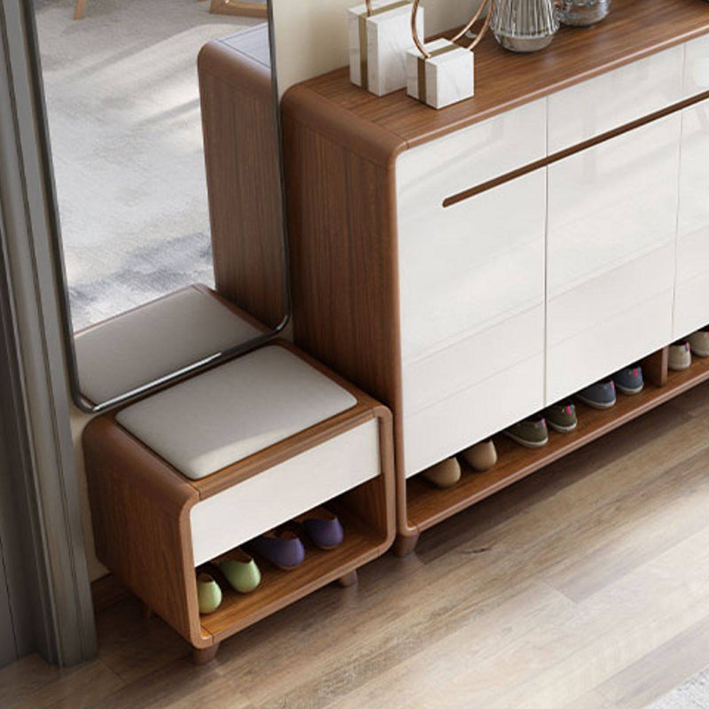 Contemporary Nordic Particleboard Plywood Rectangular Shoe Bench With 2-Tier Storage &amp; Upholstered Cushion For Entryway