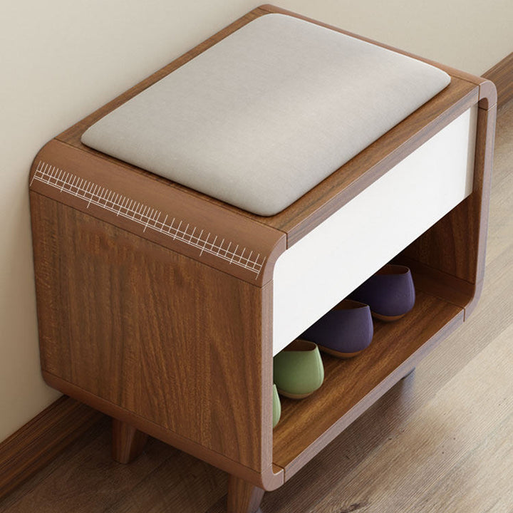 Contemporary Nordic Particleboard Plywood Rectangular Shoe Bench With 2-Tier Storage &amp; Upholstered Cushion For Entryway