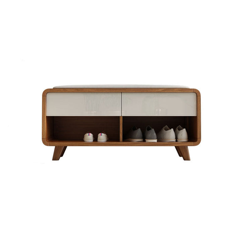 Contemporary Nordic Particleboard Plywood Rectangular Shoe Bench With 2-Tier Storage &amp; Upholstered Cushion For Entryway