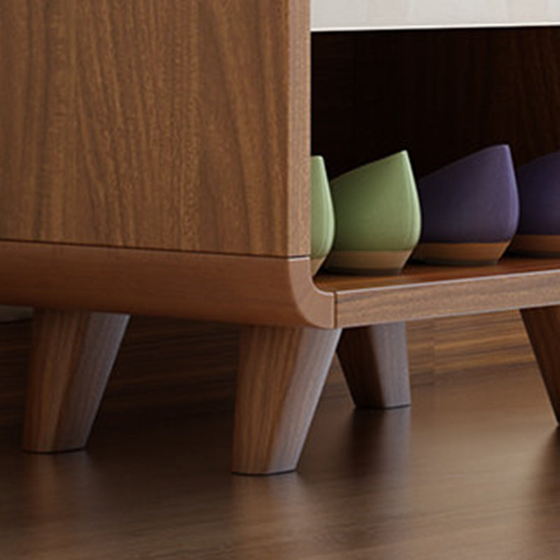 Contemporary Nordic Particleboard Plywood Rectangular Shoe Bench With 2-Tier Storage &amp; Upholstered Cushion For Entryway