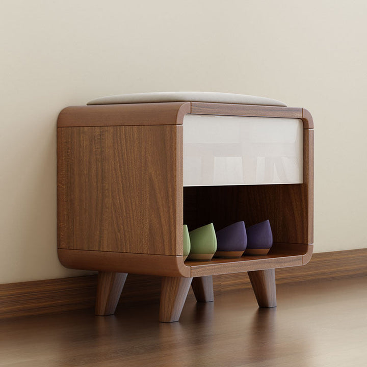 Contemporary Nordic Particleboard Plywood Rectangular Shoe Bench With 2-Tier Storage &amp; Upholstered Cushion For Entryway