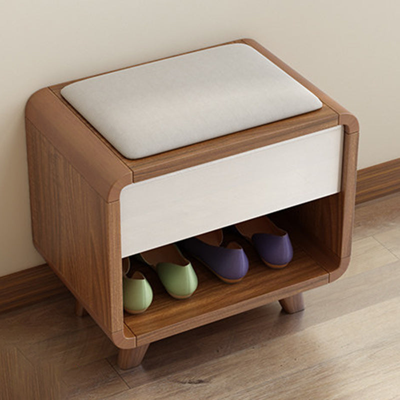 Contemporary Nordic Particleboard Plywood Rectangular Shoe Bench With 2-Tier Storage &amp; Upholstered Cushion For Entryway