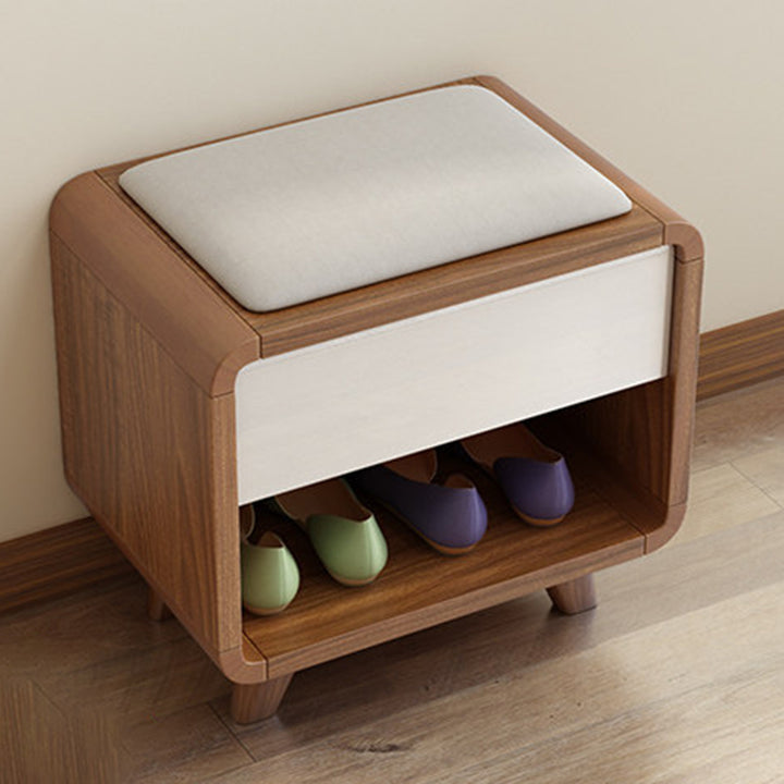 Contemporary Nordic Particleboard Plywood Rectangular Shoe Bench With 2-Tier Storage &amp; Upholstered Cushion For Entryway