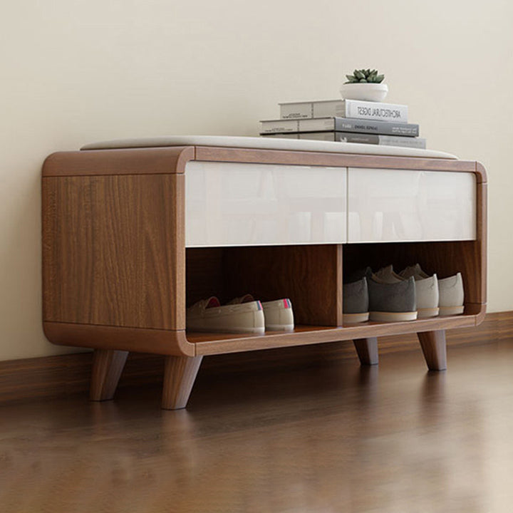 Contemporary Nordic Particleboard Plywood Rectangular Shoe Bench With 2-Tier Storage &amp; Upholstered Cushion For Entryway