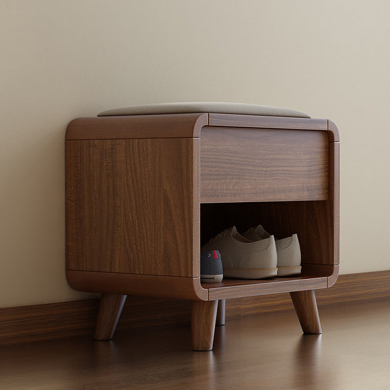 Contemporary Nordic Particleboard Plywood Rectangular Shoe Bench With 2-Tier Storage &amp; Upholstered Cushion For Entryway
