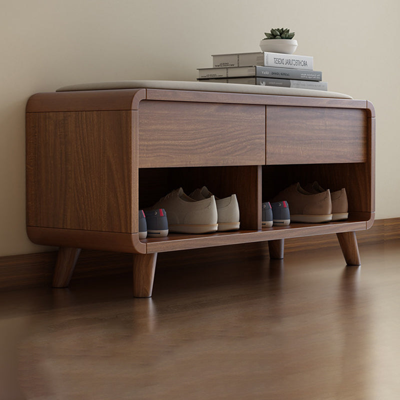 Contemporary Nordic Particleboard Plywood Rectangular Shoe Bench With 2-Tier Storage &amp; Upholstered Cushion For Entryway