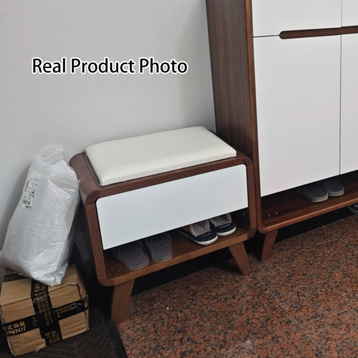 Contemporary Nordic Particleboard Plywood Rectangular Shoe Bench With 2-Tier Storage &amp; Upholstered Cushion For Entryway