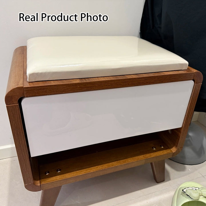 Contemporary Nordic Particleboard Plywood Rectangular Shoe Bench With 2-Tier Storage &amp; Upholstered Cushion For Entryway