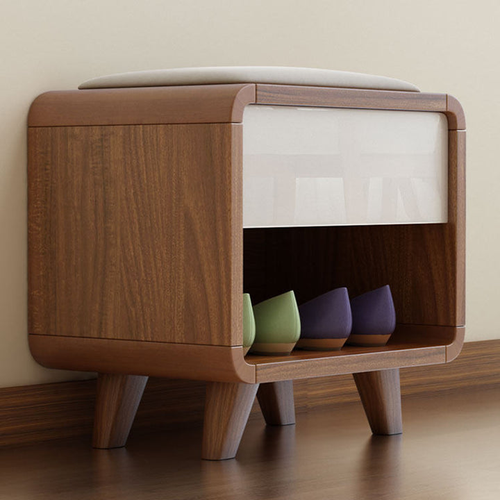 Contemporary Nordic Particleboard Plywood Rectangular Shoe Bench With 2-Tier Storage &amp; Upholstered Cushion For Entryway