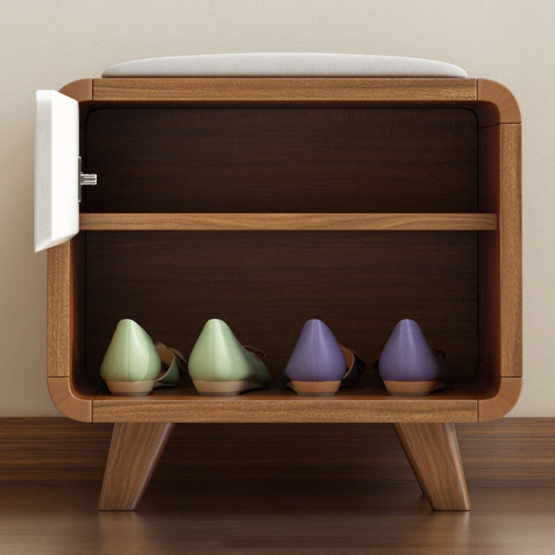 Contemporary Nordic Particleboard Plywood Rectangular Shoe Bench With 2-Tier Storage &amp; Upholstered Cushion For Entryway