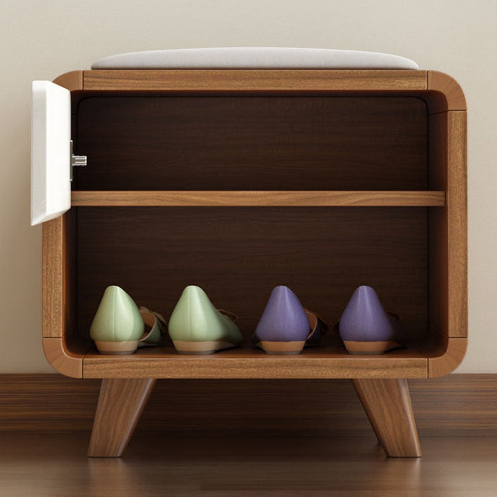 Contemporary Nordic Particleboard Plywood Rectangular Shoe Bench With 2-Tier Storage &amp; Upholstered Cushion For Entryway