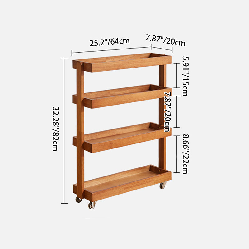Contemporary Retro Rubberwood Metal Rectangular Narrow Storage Shelf With Wheels 4-Tier For Living Room