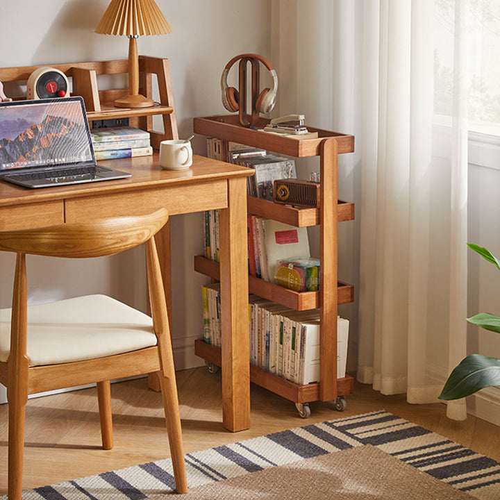 Contemporary Retro Rubberwood Metal Rectangular Narrow Storage Shelf With Wheels 4-Tier For Living Room