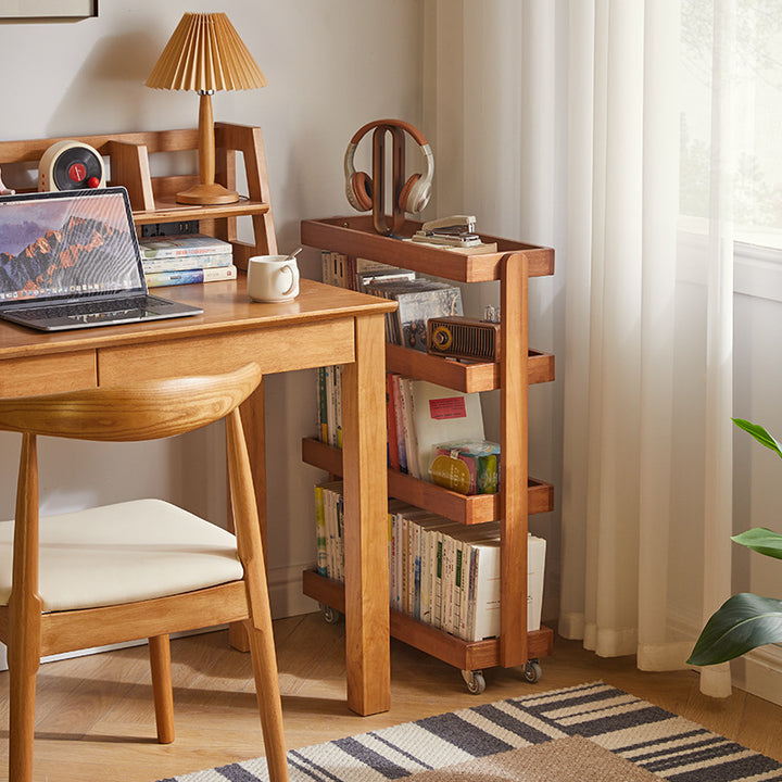 Contemporary Retro Rubberwood Metal Rectangular Narrow Storage Shelf With Wheels 4-Tier For Living Room