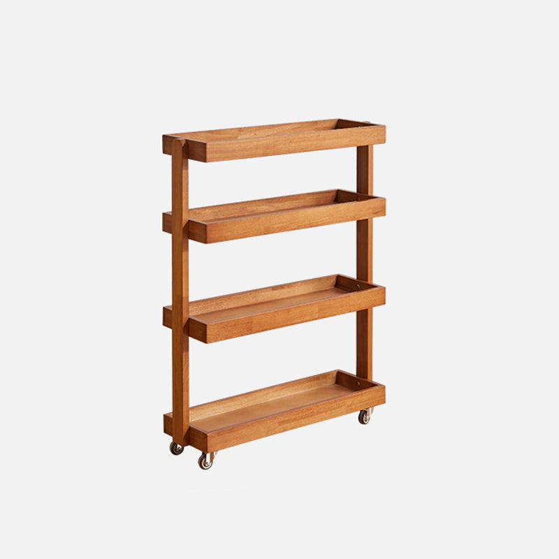 Contemporary Retro Rubberwood Metal Rectangular Narrow Storage Shelf With Wheels 4-Tier For Living Room