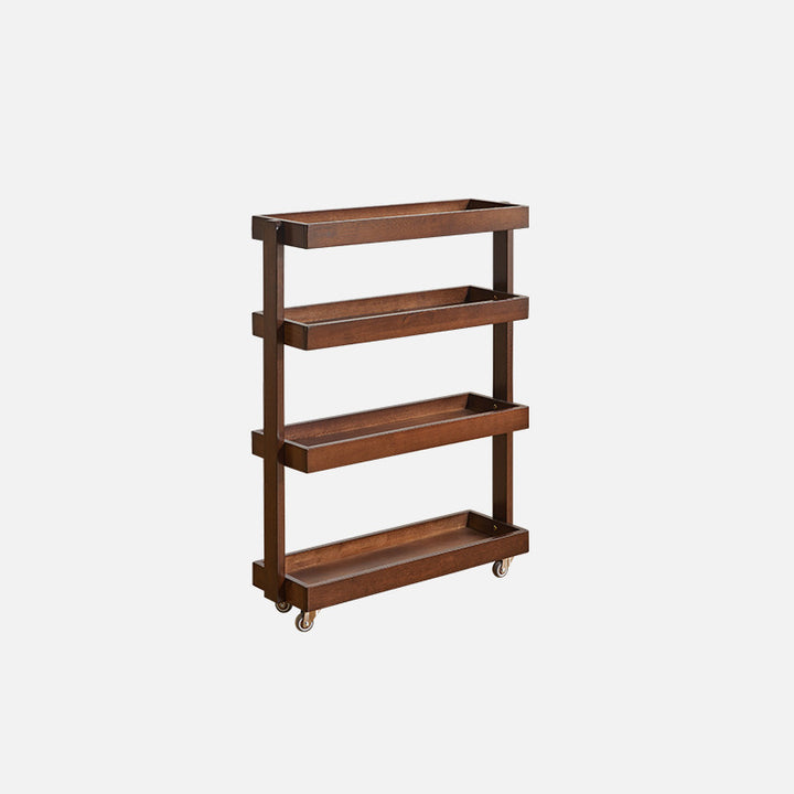 Contemporary Retro Rubberwood Metal Rectangular Narrow Storage Shelf With Wheels 4-Tier For Living Room