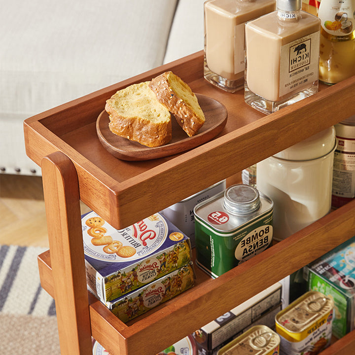 Contemporary Retro Rubberwood Metal Rectangular Narrow Storage Shelf With Wheels 4-Tier For Living Room
