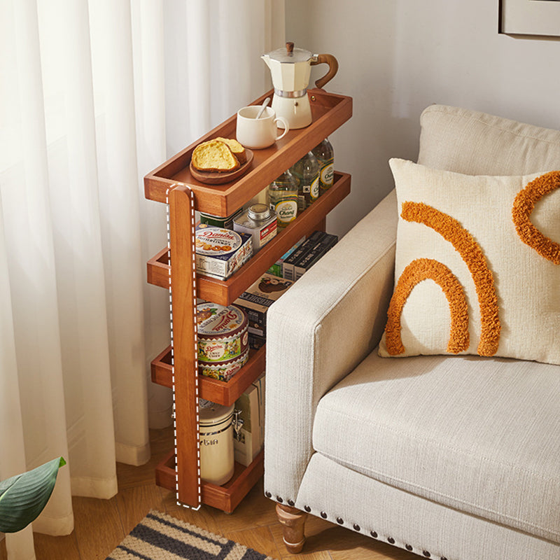 Contemporary Retro Rubberwood Metal Rectangular Narrow Storage Shelf With Wheels 4-Tier For Living Room