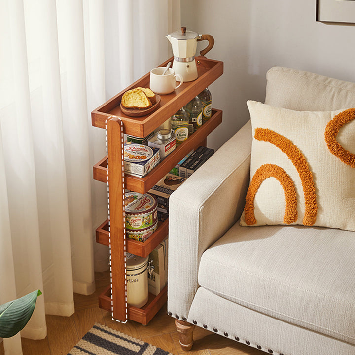 Contemporary Retro Rubberwood Metal Rectangular Narrow Storage Shelf With Wheels 4-Tier For Living Room